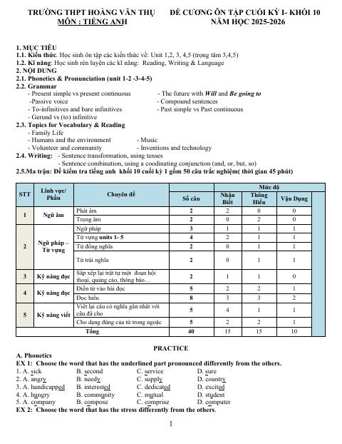 Đề cương ôn tập Học kì 1 Tiếng Anh 10 năm 2025–2026 trường THPT Hoàng Văn Thụ (Hà Nội)